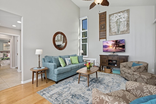 3300 Wailea Alanui Dr Unit 52D, Kihei, HI 96753 - living area featuring a ceiling fan, wood finished floors, baseboards, and recessed lighting