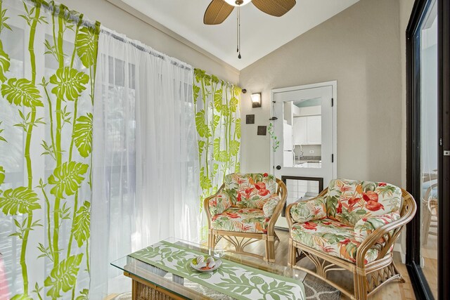 3300 Wailea Alanui Dr Unit 52D, Kihei, HI 96753 - sitting room with lofted ceiling and ceiling fan