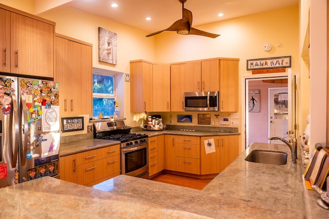 kitchen with light stone countertops, ceiling fan, sink, light wood-type flooring, and stainless steel appliances