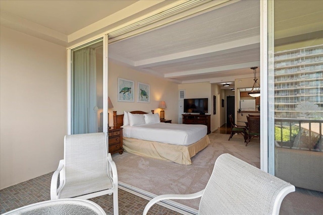 bedroom with light carpet and beamed ceiling