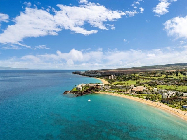 bird's eye view with a beach view and a water view