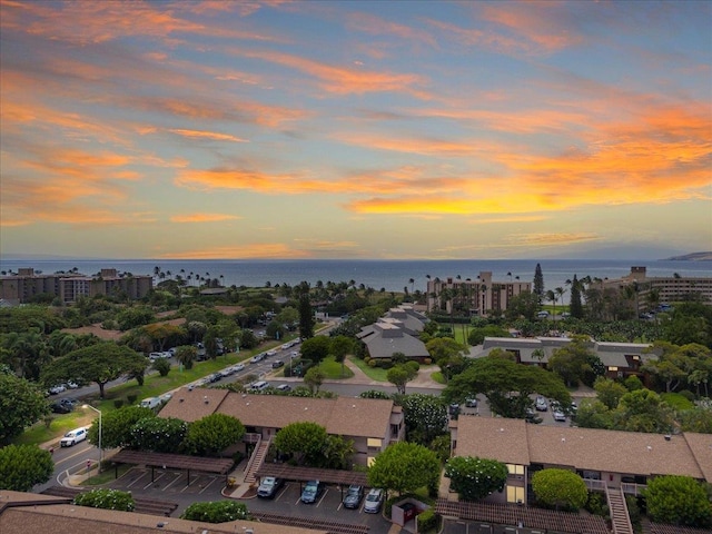 aerial view at dusk with a water view