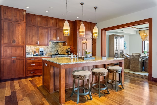 kitchen with light stone counters, pendant lighting, an island with sink, and light hardwood / wood-style floors