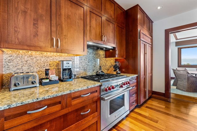 kitchen featuring light stone counters, range hood, designer stove, light wood-type flooring, and decorative backsplash