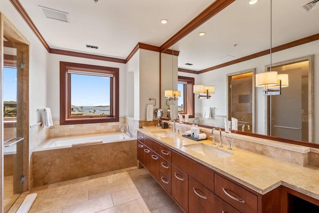 bathroom with crown molding, vanity, plus walk in shower, and tile patterned floors