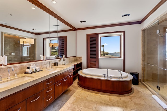 bathroom featuring shower with separate bathtub, a wealth of natural light, vanity, and crown molding