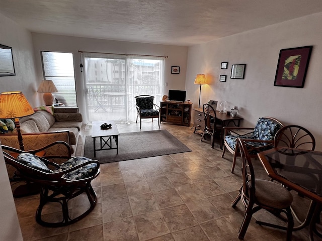 living room with a textured ceiling