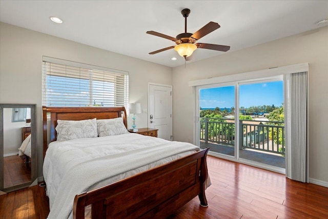 bedroom with access to outside, wood finished floors, recessed lighting, baseboards, and ceiling fan