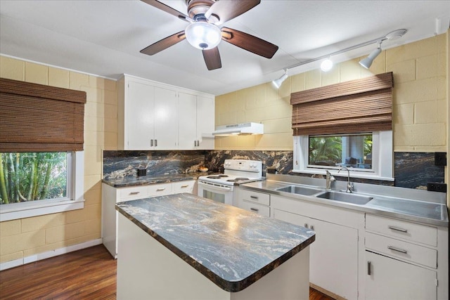 kitchen featuring white electric range oven, a healthy amount of sunlight, under cabinet range hood, and a sink