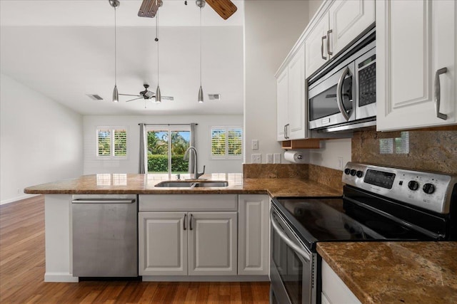 23 Poinciana Rd, Lahaina, HI 96761 - kitchen with stainless steel appliances, a ceiling fan, a sink, a peninsula, and light wood-style floors