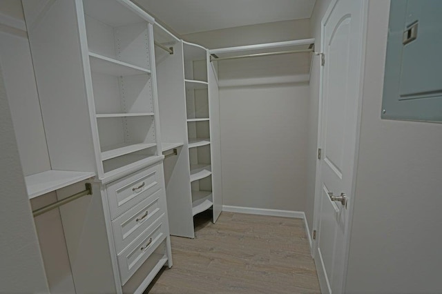 walk in closet with light wood-type flooring and electric panel