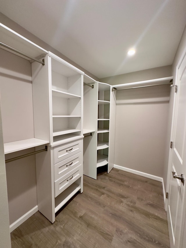 spacious closet with dark hardwood / wood-style floors