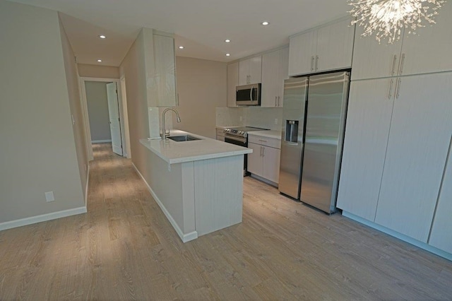 kitchen with white cabinetry, sink, stainless steel appliances, backsplash, and light wood-type flooring