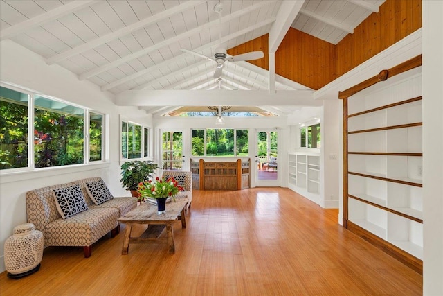 unfurnished sunroom with wooden ceiling, vaulted ceiling with beams, and ceiling fan