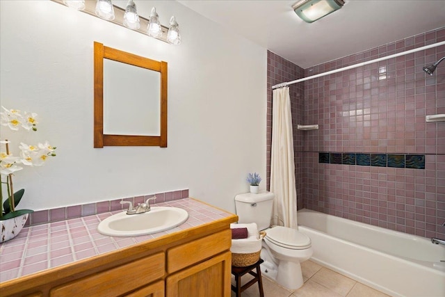 bathroom featuring tile patterned flooring, shower / bath combination with curtain, toilet, and vanity