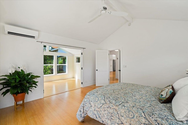 bedroom with a ceiling fan, wood finished floors, high vaulted ceiling, an AC wall unit, and beamed ceiling