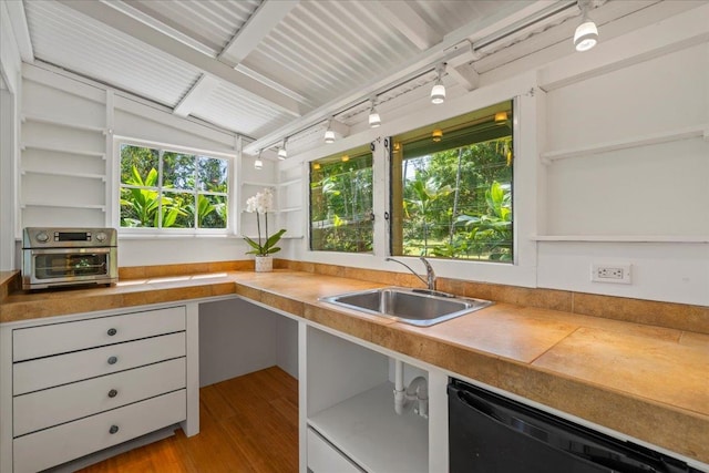 kitchen with wood finished floors, open shelves, a sink, rail lighting, and dishwasher