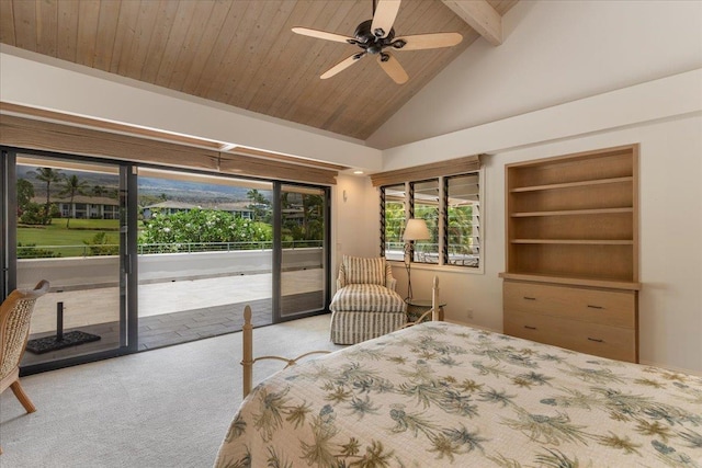 bedroom with access to exterior, ceiling fan, wooden ceiling, high vaulted ceiling, and light carpet