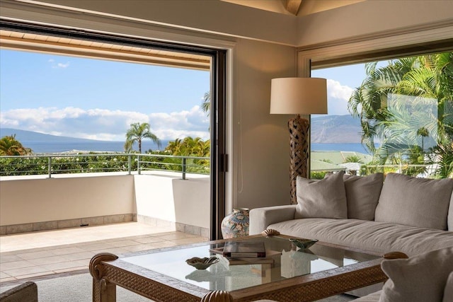 interior space featuring a water and mountain view