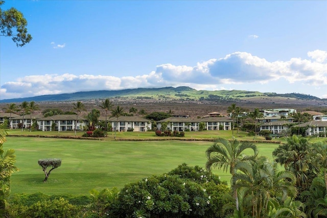 surrounding community with a lawn and a mountain view