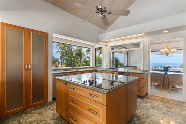 kitchen with wooden ceiling, a water view, sink, vaulted ceiling, and a kitchen island