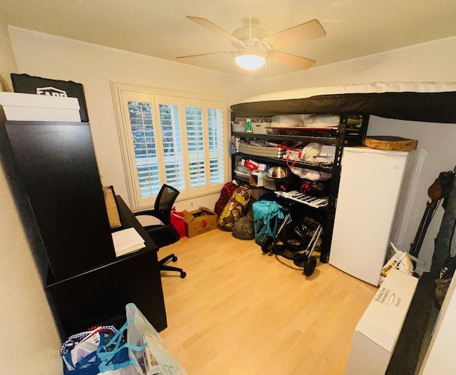 office with hardwood / wood-style floors and ceiling fan