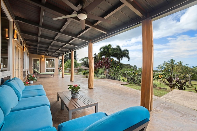 view of patio / terrace featuring ceiling fan and an outdoor hangout area