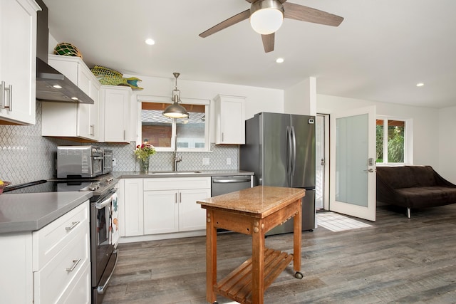 kitchen with a sink, wood finished floors, white cabinetry, appliances with stainless steel finishes, and wall chimney range hood