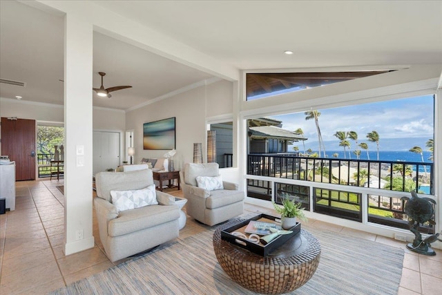 tiled living room featuring visible vents, crown molding, ceiling fan, and vaulted ceiling