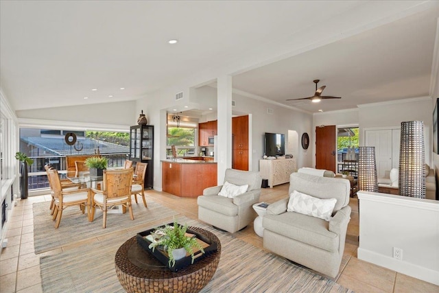 living room with visible vents, crown molding, ceiling fan, lofted ceiling, and recessed lighting