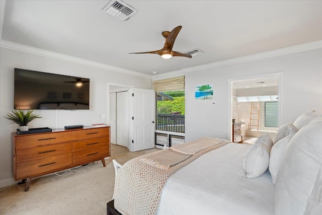 bedroom featuring visible vents, light carpet, access to exterior, and crown molding