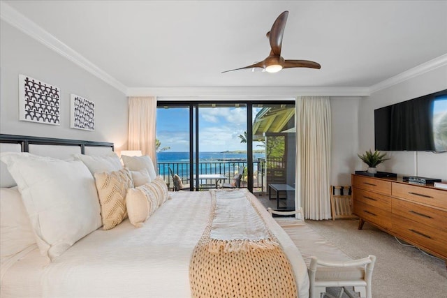 bedroom featuring ceiling fan, light carpet, access to exterior, and ornamental molding