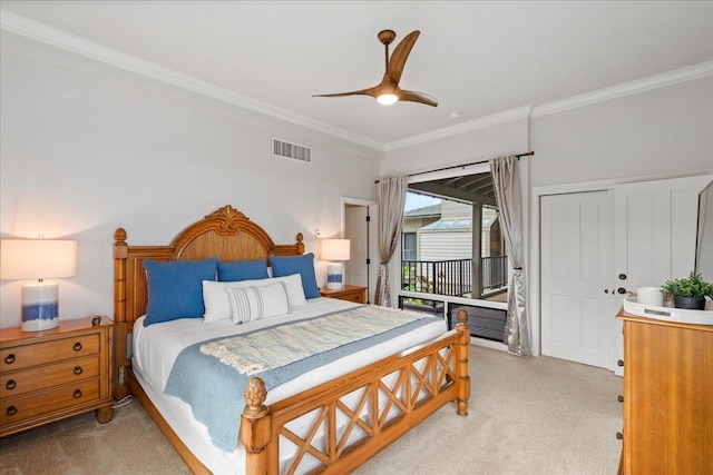 bedroom featuring crown molding, access to outside, light colored carpet, and visible vents