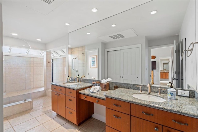 full bathroom with tile patterned floors, vanity, recessed lighting, and a shower stall