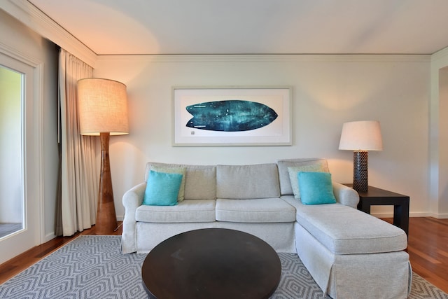 living room featuring wood-type flooring and crown molding