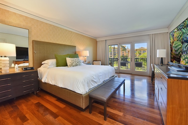 bedroom featuring access to exterior, dark wood-type flooring, and ornamental molding