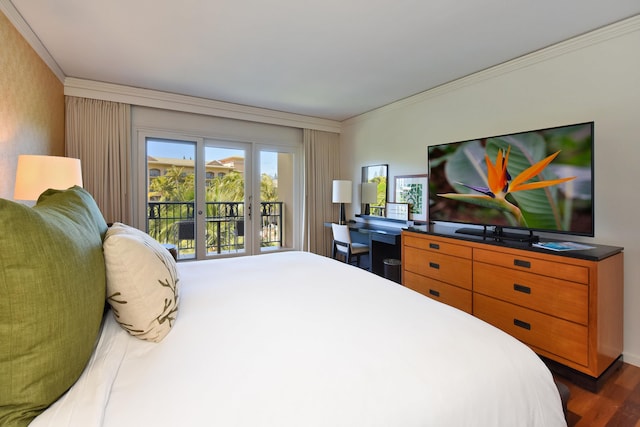 bedroom featuring dark hardwood / wood-style floors, access to exterior, and crown molding