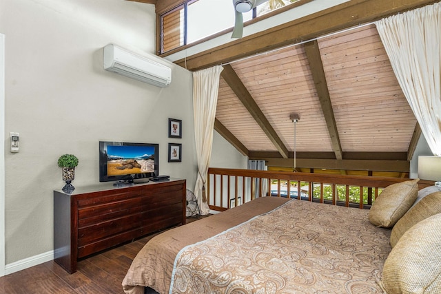 bedroom featuring a wall mounted air conditioner, wooden ceiling, dark wood-type flooring, high vaulted ceiling, and beamed ceiling