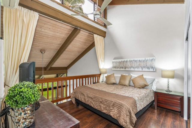 bedroom with vaulted ceiling with beams, wood ceiling, and dark wood-type flooring