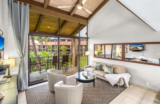 living room featuring lofted ceiling with beams, tile floors, ceiling fan, and wood ceiling