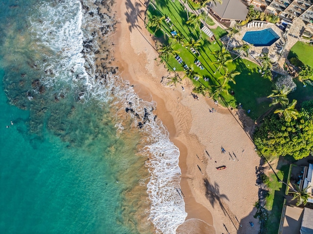 aerial view featuring a water view and a view of the beach