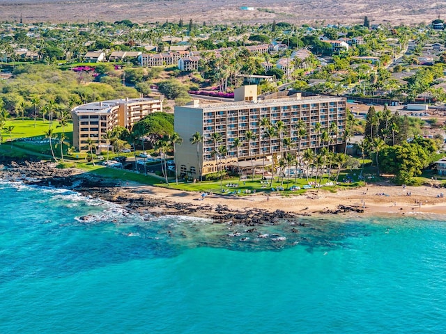 aerial view featuring a water view and a view of the beach