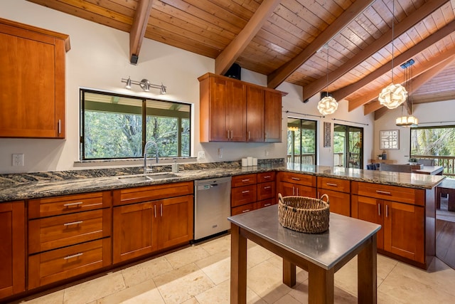 kitchen featuring light tile flooring, stainless steel dishwasher, pendant lighting, sink, and wood ceiling