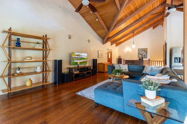 living room with wooden ceiling, beamed ceiling, ceiling fan, dark hardwood / wood-style floors, and high vaulted ceiling