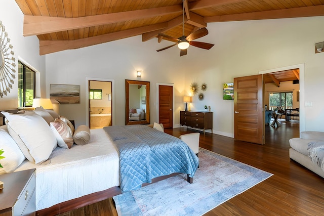 bedroom with dark hardwood / wood-style flooring, ceiling fan, ensuite bath, and wood ceiling