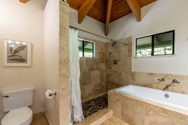 bathroom featuring tile floors, independent shower and bath, toilet, wood ceiling, and lofted ceiling with beams