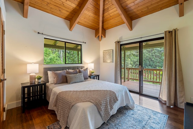 bedroom with dark hardwood / wood-style flooring, access to exterior, wood ceiling, and multiple windows