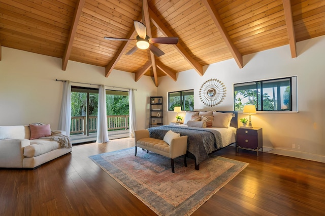 bedroom with ceiling fan, wood ceiling, beamed ceiling, access to outside, and dark hardwood / wood-style floors