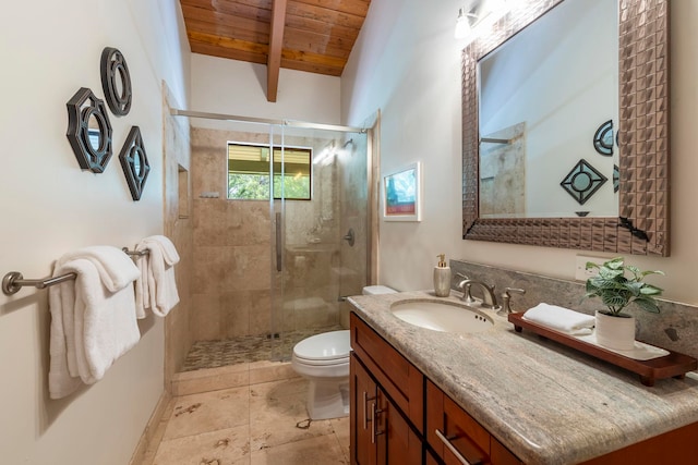 bathroom featuring toilet, tile floors, wooden ceiling, oversized vanity, and lofted ceiling