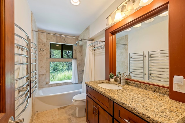 full bathroom with tile flooring, large vanity, toilet, and shower / bath combination with curtain